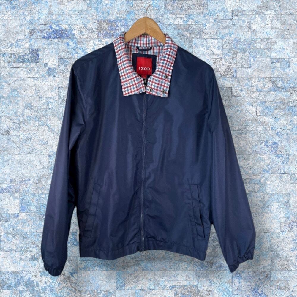 IZOD Mens Full Zip Jacket Windbreaker Nylon Plaid Blue Small Golf Lightweight